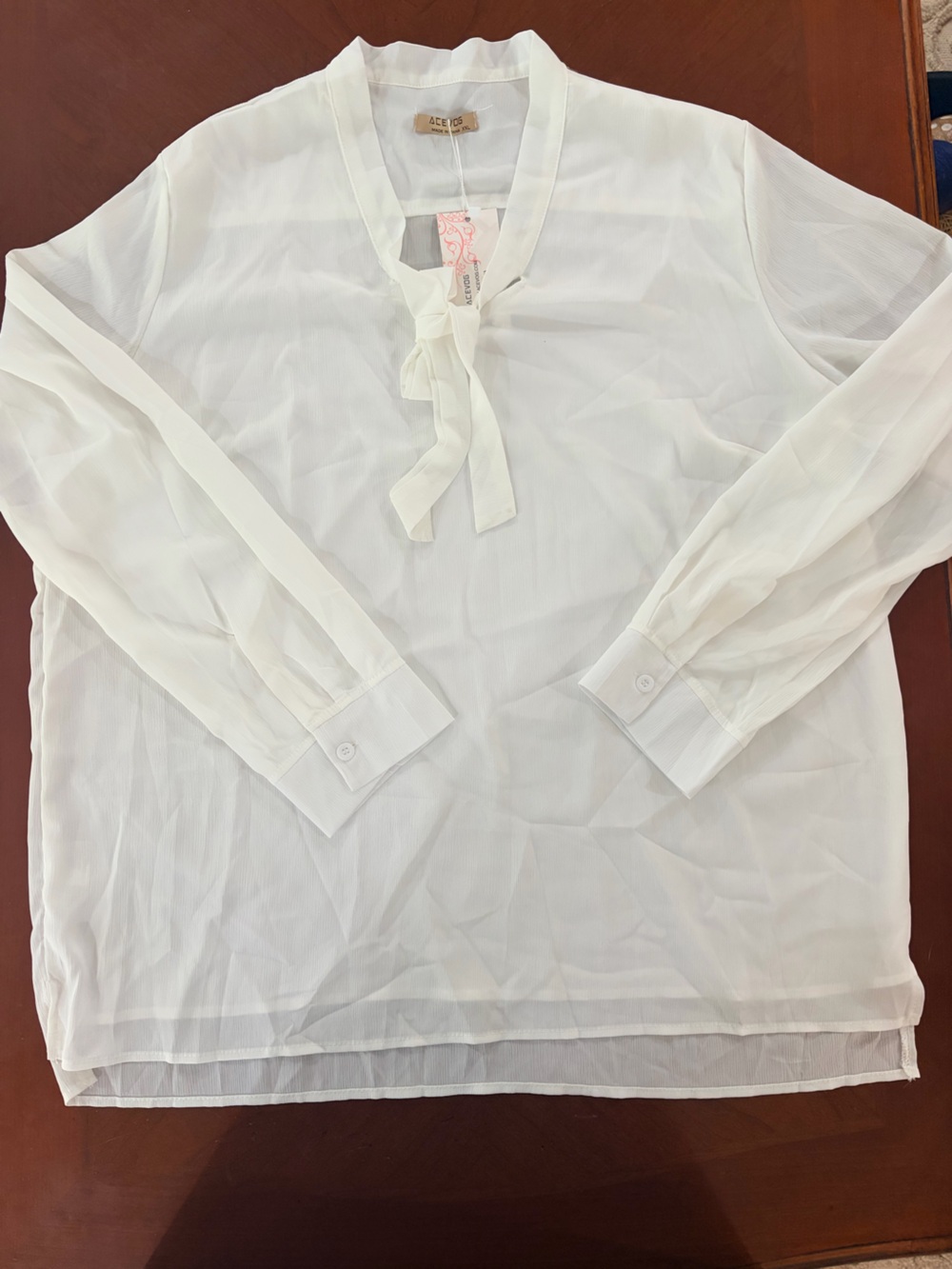 Acevog Cream Sheer Tie-Neck Blouse